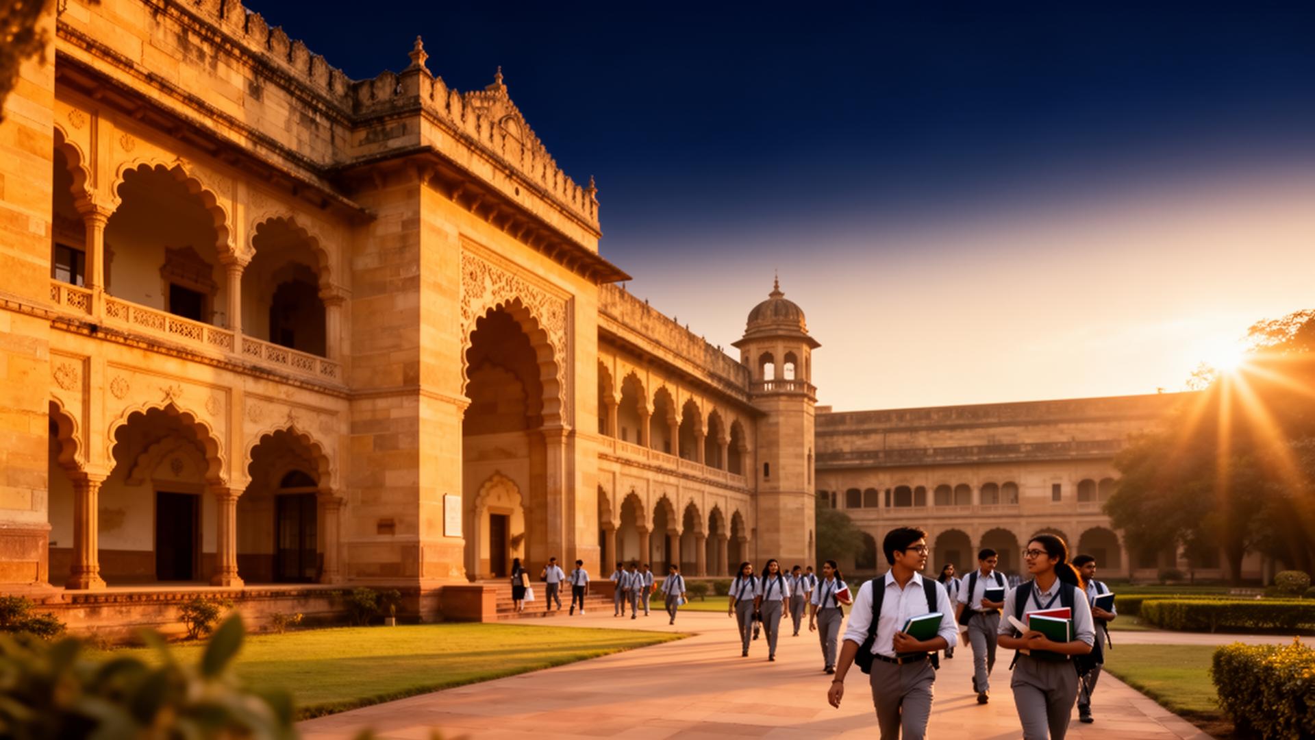 Historic Gujarat university campus at golden hour